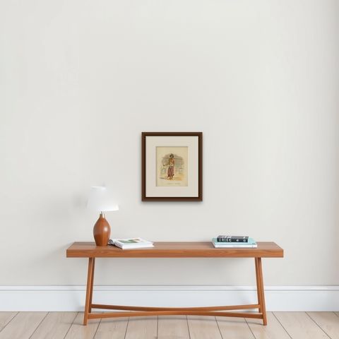 Antique Print of an Indonesian Man Carrying Water, 1909, shown framed on a wall, true to size