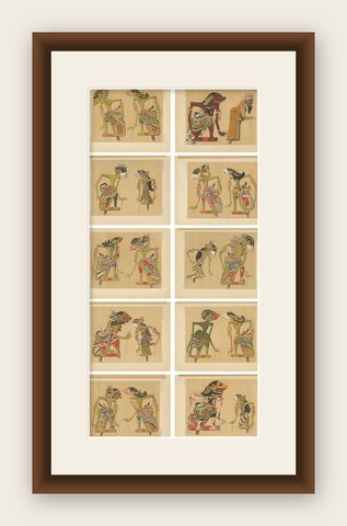 Set of 10 Antique Prints of Wayang Puppets by Juynboll, 1900, shown framed