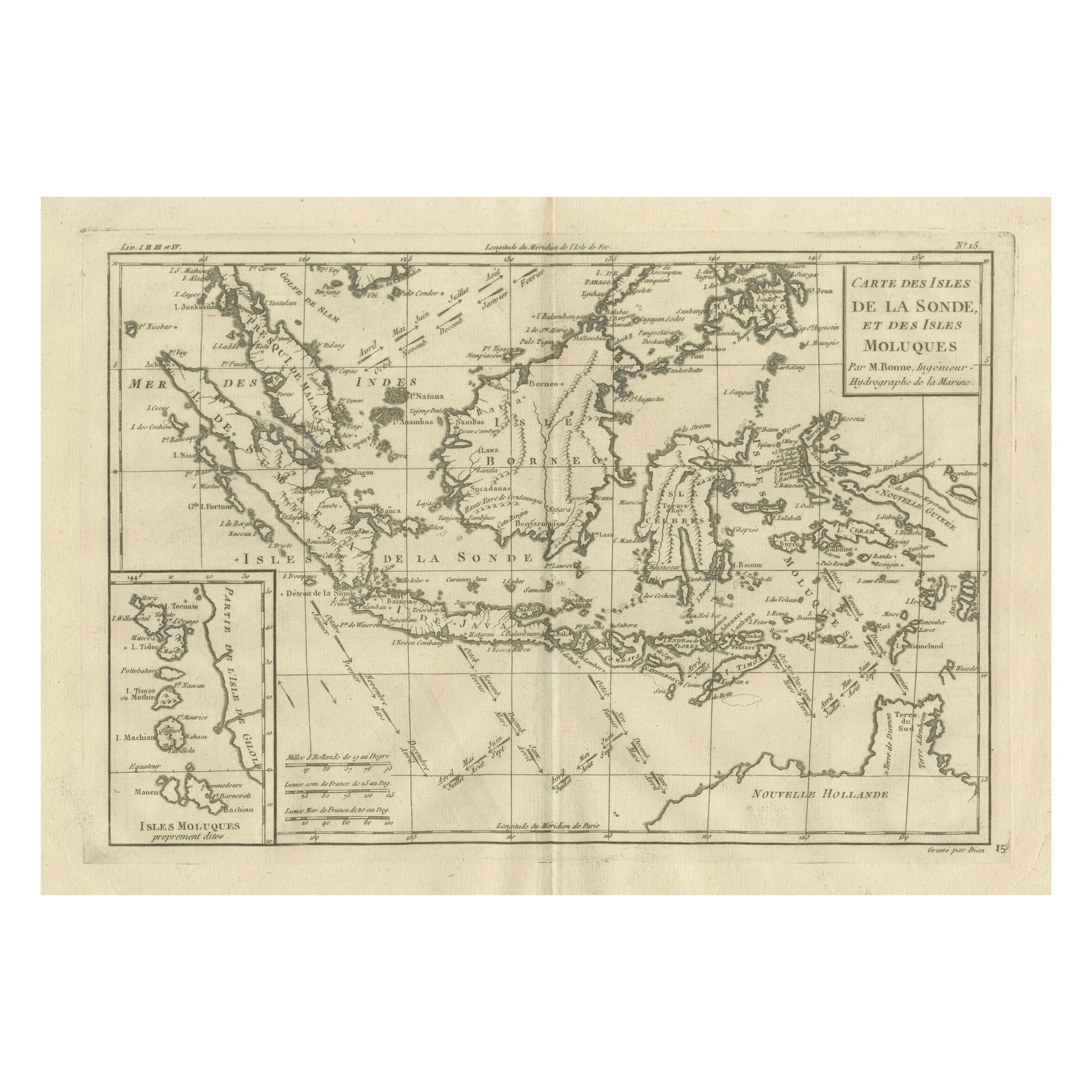 Antique East Indies Map by Rigobert Bonne, Copper Engraving, 1780