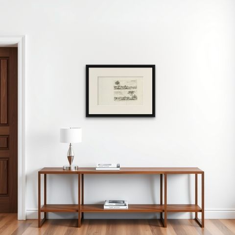 Antique Print with Two Views of Batavia by Conradi, 1782, shown framed on a wall, true to size