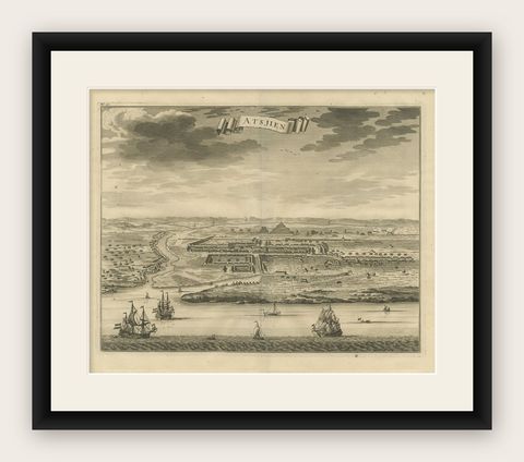 Antique Bird's Eye-view Atjien or Atjeh in Aceh in Northern Sumatra, Indonesia, shown framed