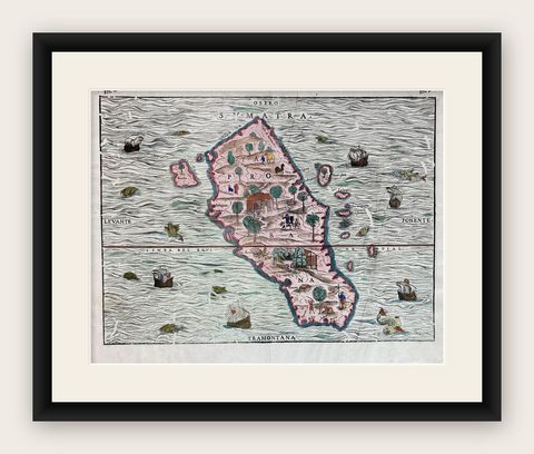 1606 Hand-Colored Woodcut Map of Sumatra from Ramusio’s Delle Navigationi, shown framed