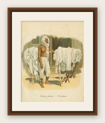 Antique Print of an Indonesian Man doing the Laundry, 1909, shown framed