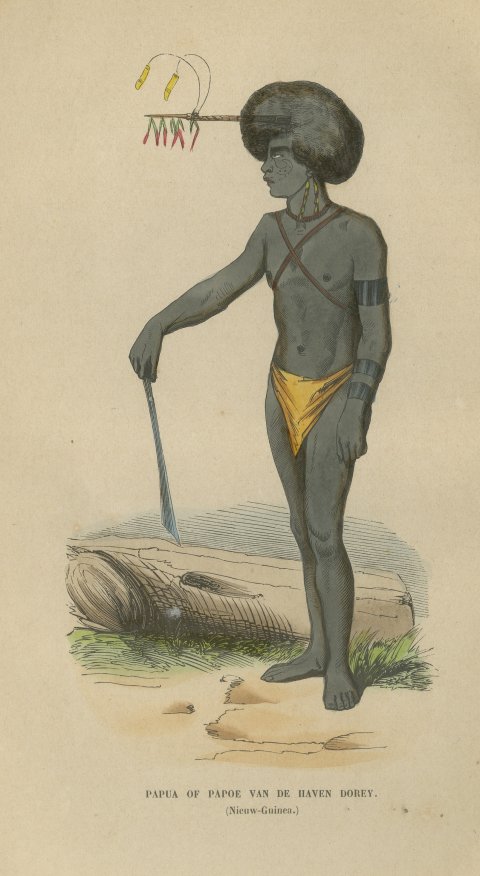 Papuan Man of Dorey Harbor, New Guinea, Antique Hand-Colored Print, 1854