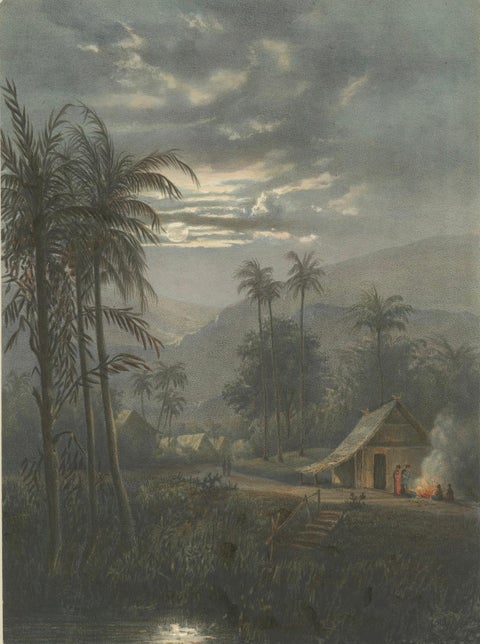 Moonlit Landscape near Sumedang, West Java, Rare Java Lithograph, 1872, close-up 2
