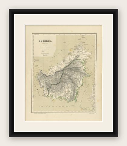 Rare Antique Map of Borneo (Kalimantan), Dutch East Indies Colonial Era, 1884, shown framed