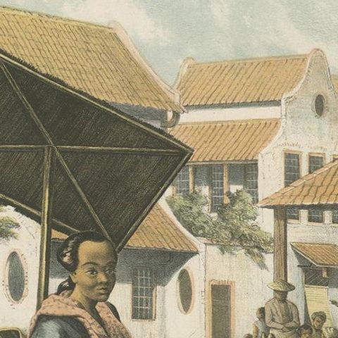 Antique Print of a Javanese Woman Selling Fruit in Indonesia, 1850, close-up 1