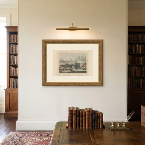Antique Print of a Loading Dock in Batavia, Dutch East Indies, 1844, shown framed on a wall, true to size
