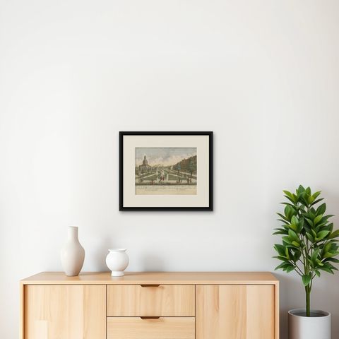 Antique Print of the Town Hall of Batavia or Jakarta in Todays Indonesia, 1770, shown framed on a wall, true to size