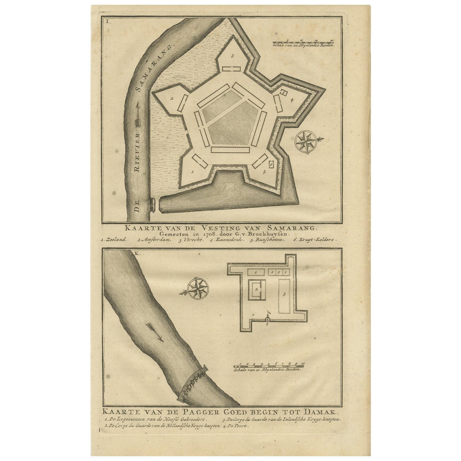Antique Print of the Castle of Semarang and a Fortress by Valentijn, 1726