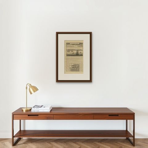 Antique Print of Surate and a Plan of Batavia in the Dutch East Indies, 1719, shown framed on a wall, true to size