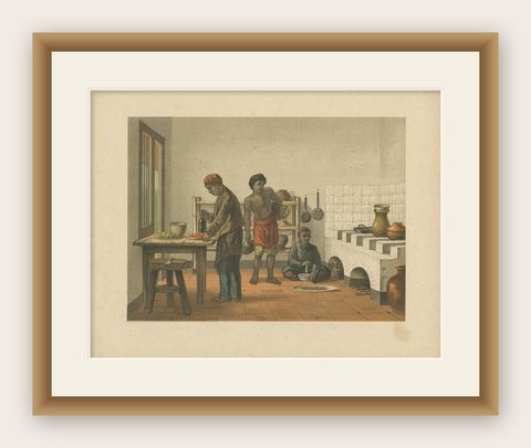 Antique Print of a Kitchen in Batavia by M.T.H. Perelaer, 1888, shown framed