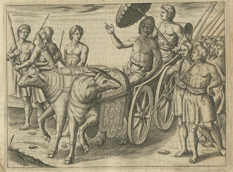 Earliest Depiction of Bali, Dutch Engraving of the King of Bali, c.1601, close-up 1