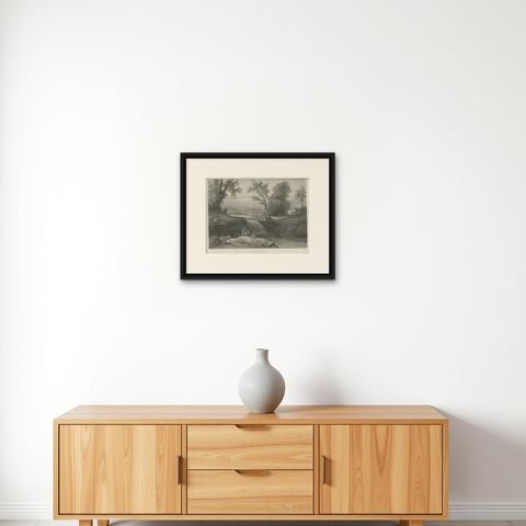 Original Antique Print of the Bezouki or Basuki River 'Java' in Indonesia, 1835, shown framed on a wall, true to size