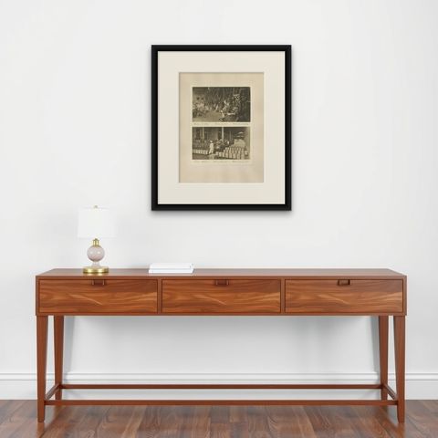 Petroleum Tin Factory & Filling Operations, Photogravure, Sumatra ca.1900, shown framed on a wall, true to size
