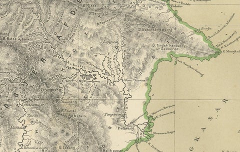 Rare Antique Map of Borneo (Kalimantan), Dutch East Indies Colonial Era, 1884, close-up 4