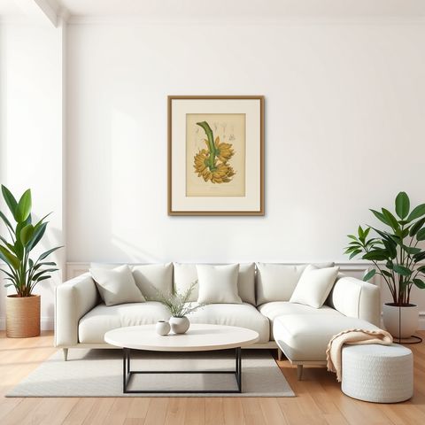 Antique Banana Botanical Chromolithograph by Hoola van Nooten, c. 1880, shown framed in a room, true to size