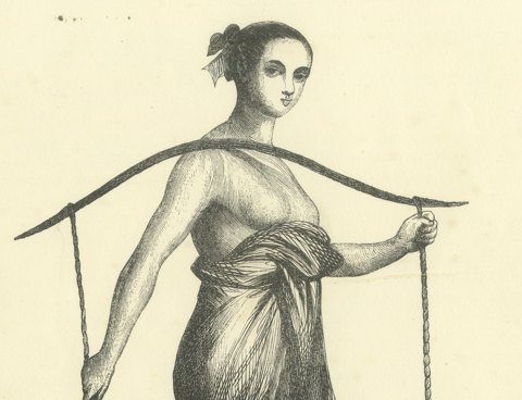 Young Malay Woman Carrying Water, Antique Wahlen Costume Print, 1843-1844, close-up 1