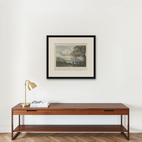 Antique Print of a Poeloe Sari and Karang Sari Mountain, West Java, Indonesia, shown framed on a wall, true to size