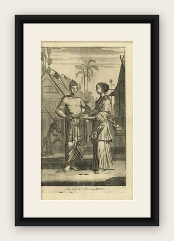 Antique Engraving of Javanese Man and Woman in Indonesia, 1744, shown framed