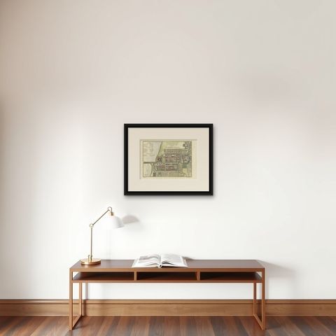 Hand-Colored 1750 Plan of Batavia, Colonial Jakarta, Indonesia by Jacques Bellin, shown framed on a wall, true to size