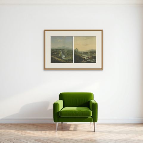 Java Landscapes, Rare Pair of Deluxe Folio Chromolithographs by Salm, 1865-72, shown framed on a wall, true to size