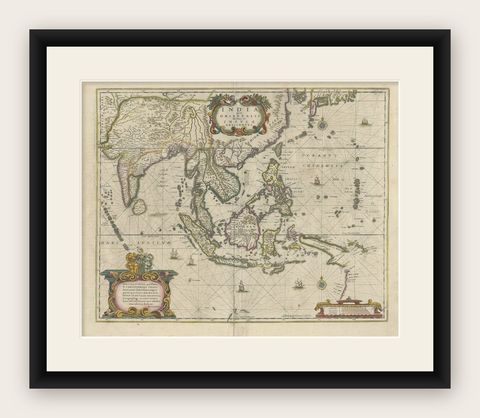 Old Antique Map of the East Indies and Southeast Asia, ca.1644, shown framed