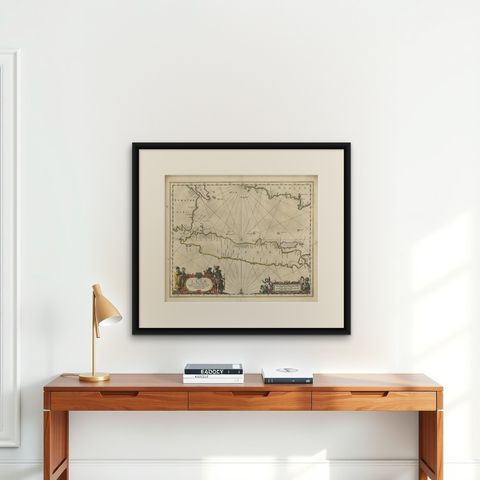 Antique Map of Java and Part of Borneo, Indonesia, c.1657, shown framed on a wall, true to size