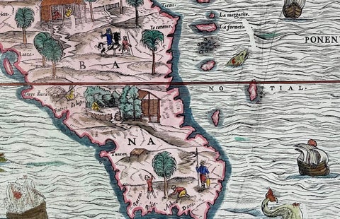 1606 Hand-Colored Woodcut Map of Sumatra from Ramusio’s Delle Navigationi, close-up 2