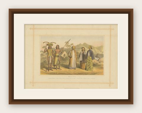 Original Antique Print of Natives of Indonesia with title Malay Race, 1882, shown framed