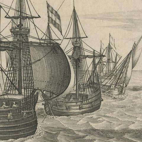 Antique Print of a Fleet of Nine Ships Departing to the East Indies '1603', close-up 2