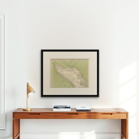 Antique Map of Aceh or Adjeh in Northern Sumatra, Indonesia, 1900, shown framed on a wall, true to size