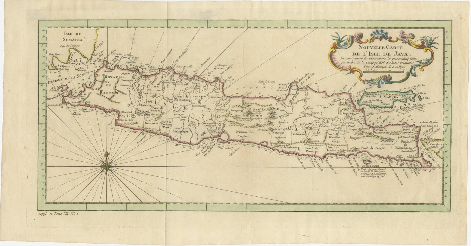 Antique Map of Java Indonesia, VOC Period, Decorative Cartouche, c.1750
