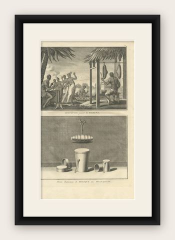 Antique Print of Moluccans Playing the Rabana and Music Instruments "Indonesia", shown framed