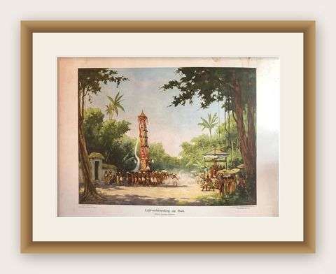 Collection of 5 Vintage School-Charts of Indonesia, Incl Bali Ritual Cremation, shown framed