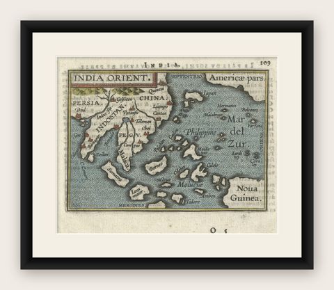 1601 Miniature Map of Southeast Asia & Nova Guinea by Ortelius, Vrients Edition, shown framed