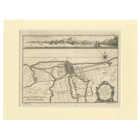 Old Engraving of Batavia 'Jakarta, Indonesia' with Map and Harbour View, 1750