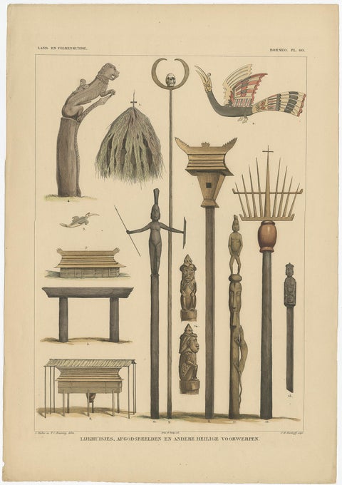Print with Religious Items from Borneo 'Indonesia' by Temminck, circa 1840, view 3