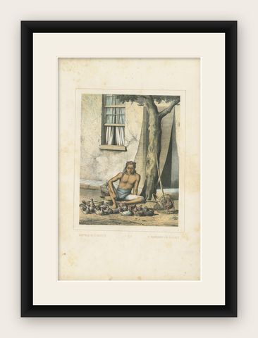 Antique Print of a Javanese Poultry Merchant by Van Pers, circa 1850, shown framed