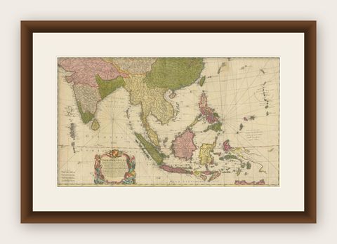 Rare 18th-Century Hand-Colored Map of Southeast Asia and the East Indies, 1748, shown framed