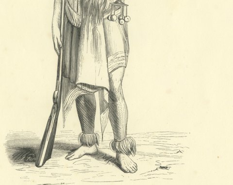 Warrior of Timor, Amfoang, Antique Wahlen Costume Print, 1843-1844, close-up 2