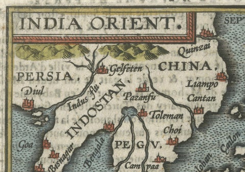 1601 Miniature Map of Southeast Asia & Nova Guinea by Ortelius, Vrients Edition, close-up 1