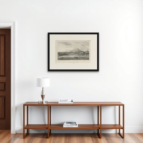 Antique Print of a Dutch Fortress in Manado Bay, Sulawesi, Indonesia, 1833, shown framed on a wall, true to size