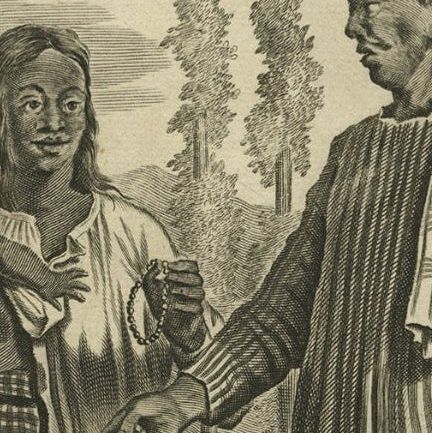 Old Print of A Pedler in Indonesia with Wife and Children, 1744, close-up 1