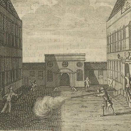 Antique Print of the Central Court of Batavia Castle by Valentijn '1726', close-up 1