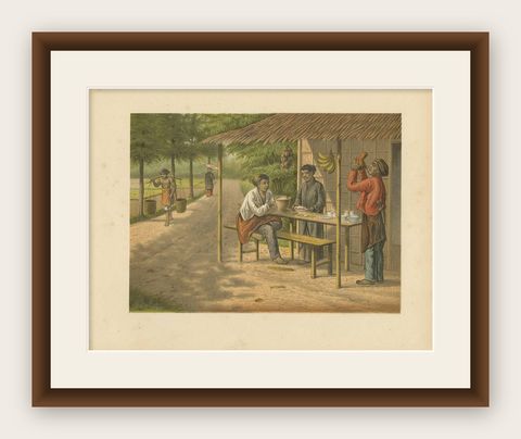 Antique Print of a Warung with Native People by M.T.H. Perelaer, 1888, shown framed