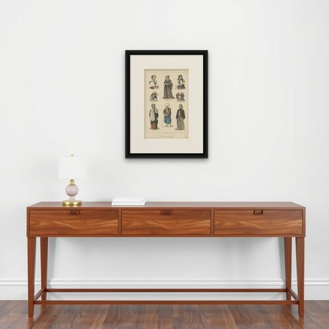 Antique Costume Print of Spain, Arab, Java and Others, C.1875, shown framed on a wall, true to size