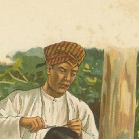 Antique Print of an Indonesian Barber Working Under a Tree, 1909, close-up 1
