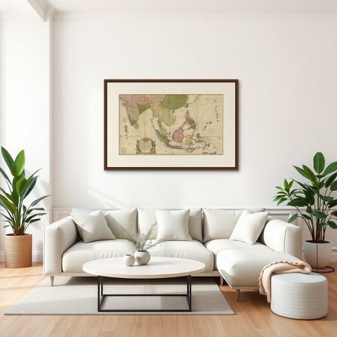 Rare 18th-Century Hand-Colored Map of Southeast Asia and the East Indies, 1748, shown framed in a room, true to size