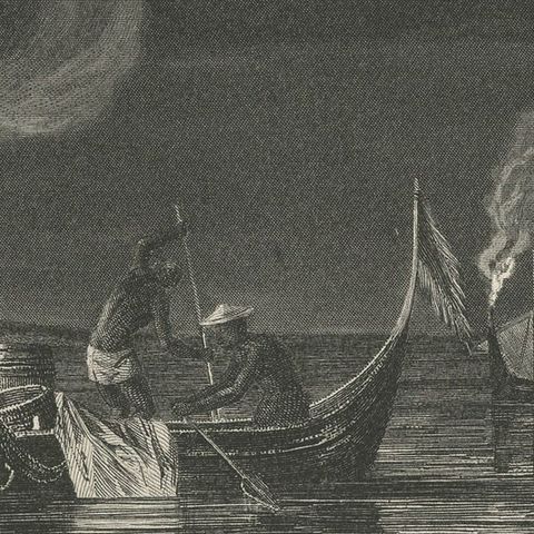 Antique Print of Night Fishing Near Ternate, Indonesia, Maluku Islands, close-up 2